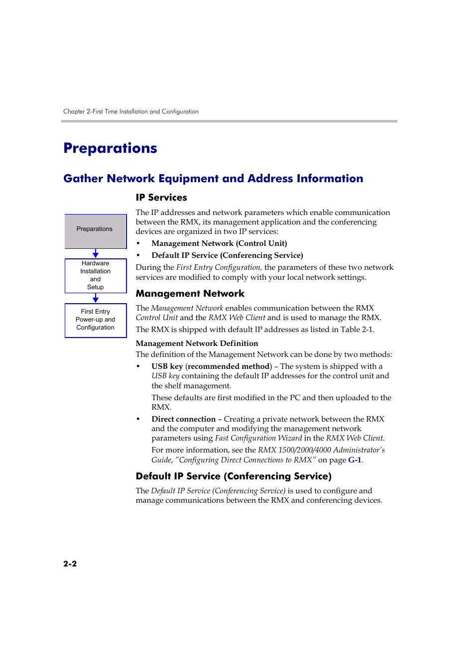 Preparations, Gather network equipment and address information, Ip services | Management network, Default ip service (conferencing service), Preparations -2 | Polycom DOC2585A User Manual | Page 32 / 160