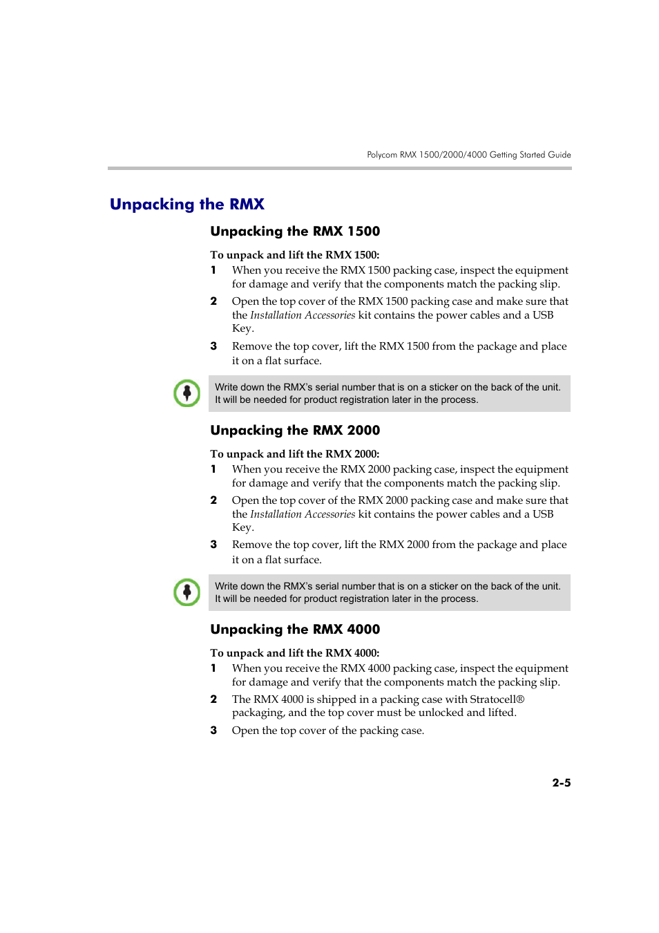 Unpacking the rmx, Unpacking the rmx 1500, Unpacking the rmx 2000 | Unpacking the rmx 4000, Unpacking the rmx -5 | Polycom DOC2585A User Manual | Page 35 / 160