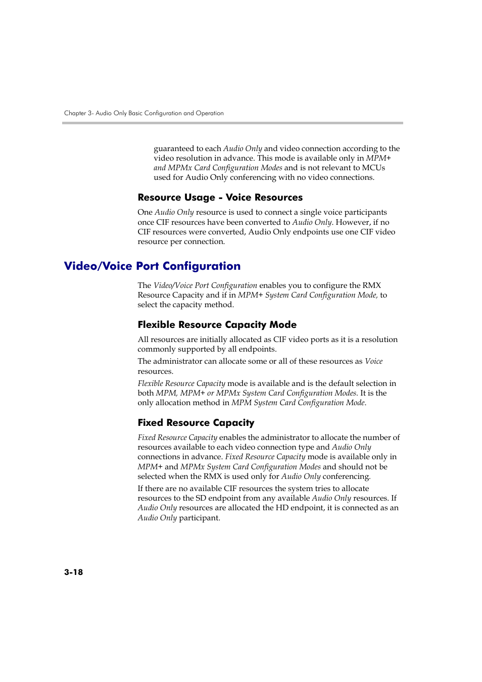 Resource usage - voice resources, Video/voice port configuration, Flexible resource capacity mode | Fixed resource capacity, Resource usage - voice resources -18, Video/voice port configuration -18 | Polycom DOC2585A User Manual | Page 94 / 160