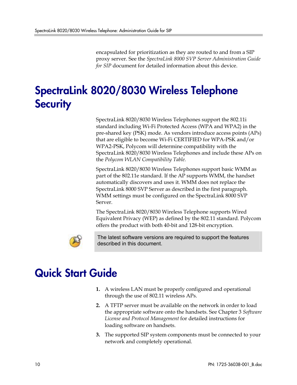 Spectralink 8020/8030 wireless telephone security, Quick start guide | Polycom SpectraLink 1725-36038-001 User Manual | Page 10 / 101