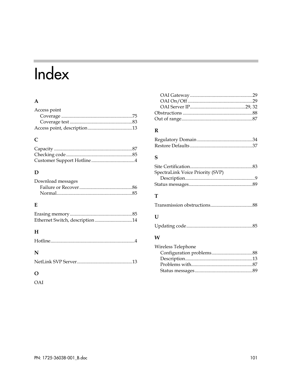 Index | Polycom SpectraLink 1725-36038-001 User Manual | Page 101 / 101