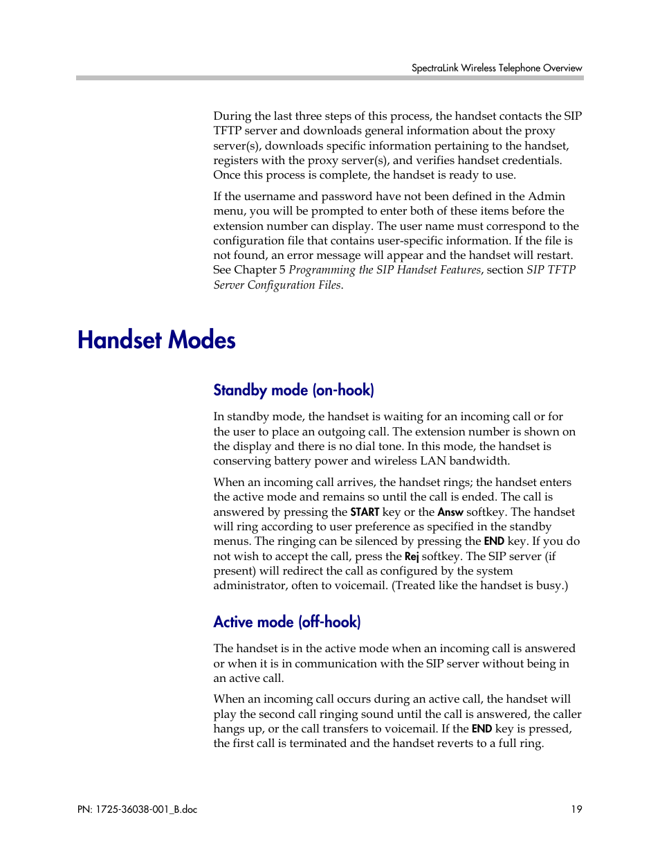 Handset modes, Standby mode (on-hook), Active mode (off-hook) | Polycom SpectraLink 1725-36038-001 User Manual | Page 19 / 101