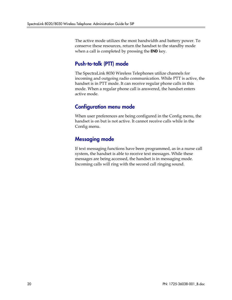 Push-to-talk (ptt) mode, Configuration menu mode, Messaging mode | Polycom SpectraLink 1725-36038-001 User Manual | Page 20 / 101