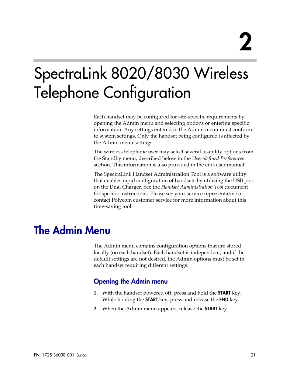 The admin menu | Polycom SpectraLink 1725-36038-001 User Manual | Page 21 / 101