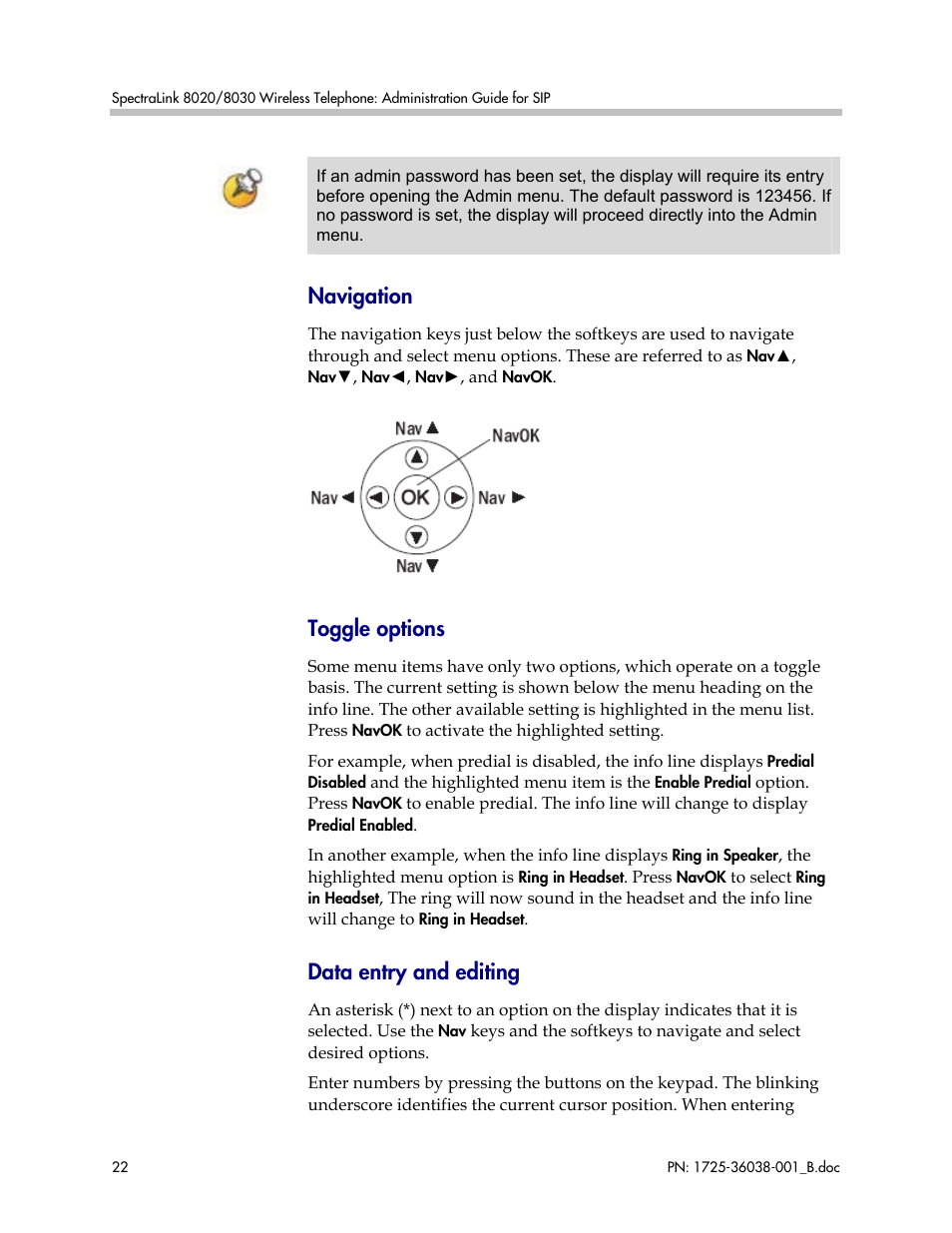 Navigation, Toggle options, Data entry and editing | Polycom SpectraLink 1725-36038-001 User Manual | Page 22 / 101