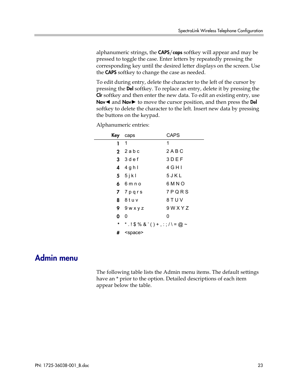 Admin menu | Polycom SpectraLink 1725-36038-001 User Manual | Page 23 / 101