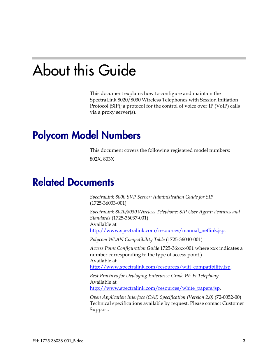 About this guide, Polycom model numbers, Related documents | Polycom SpectraLink 1725-36038-001 User Manual | Page 3 / 101