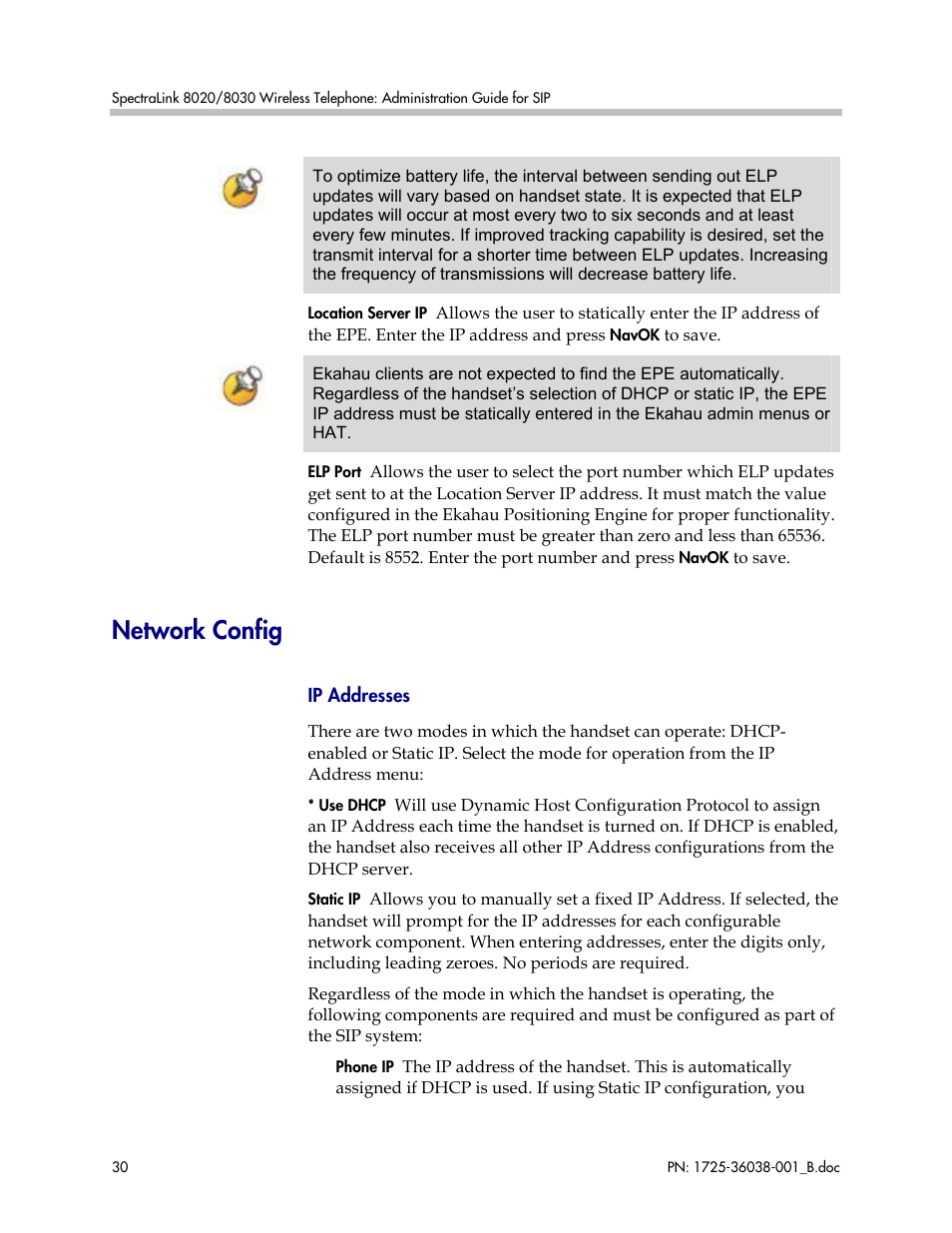 Network config | Polycom SpectraLink 1725-36038-001 User Manual | Page 30 / 101