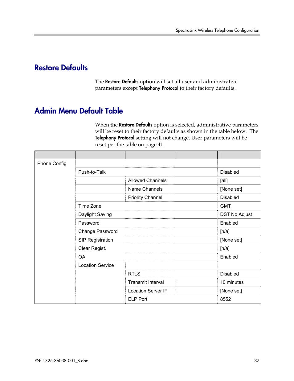 Restore defaults, Admin menu default table, Restore defaults admin menu default table | Polycom SpectraLink 1725-36038-001 User Manual | Page 37 / 101