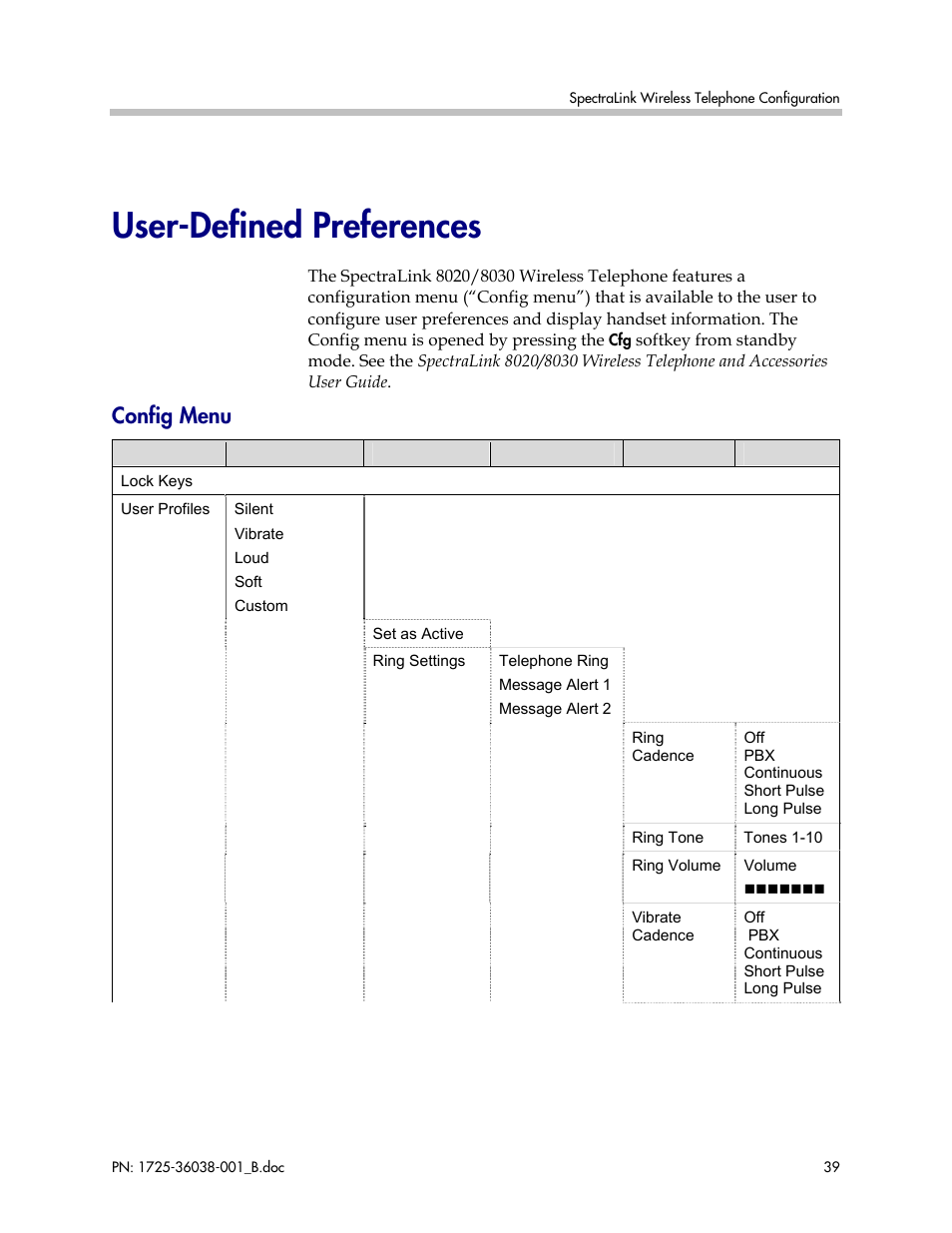 User-defined preferences, Config menu | Polycom SpectraLink 1725-36038-001 User Manual | Page 39 / 101