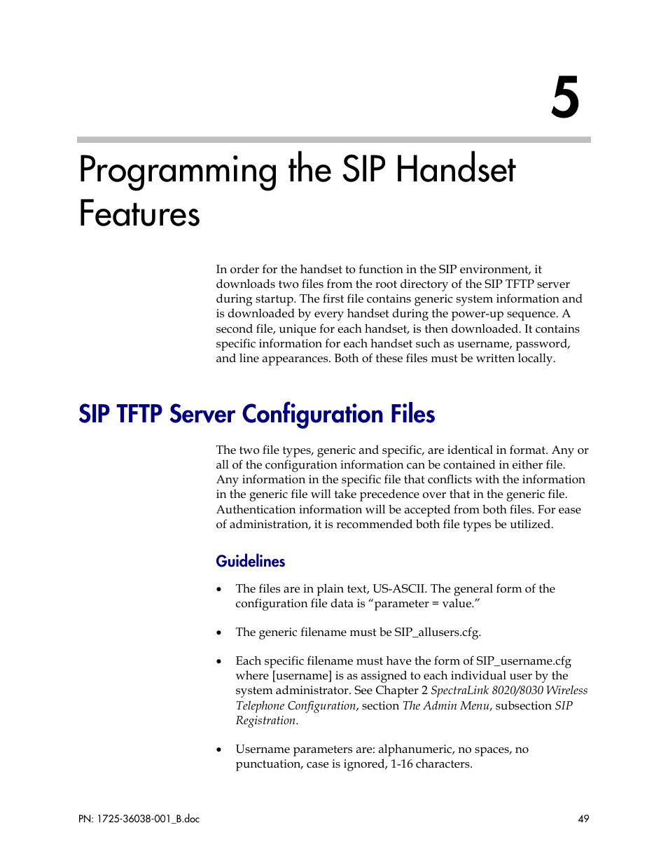 Programming the sip handset features, Sip tftp server configuration files | Polycom SpectraLink 1725-36038-001 User Manual | Page 49 / 101