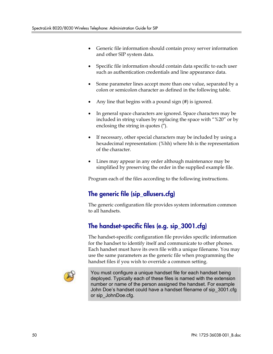 The generic file (sip_allusers.cfg), The handset-specific files (e.g. sip_3001.cfg) | Polycom SpectraLink 1725-36038-001 User Manual | Page 50 / 101