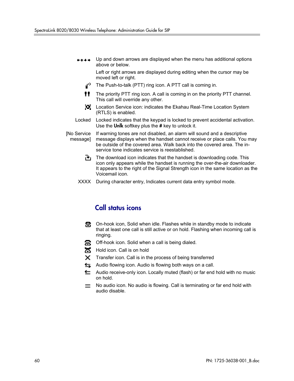 Call status icons | Polycom SpectraLink 1725-36038-001 User Manual | Page 60 / 101