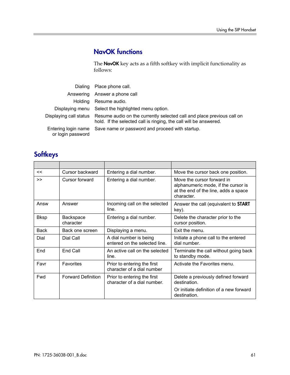 Navok functions, Softkeys | Polycom SpectraLink 1725-36038-001 User Manual | Page 61 / 101