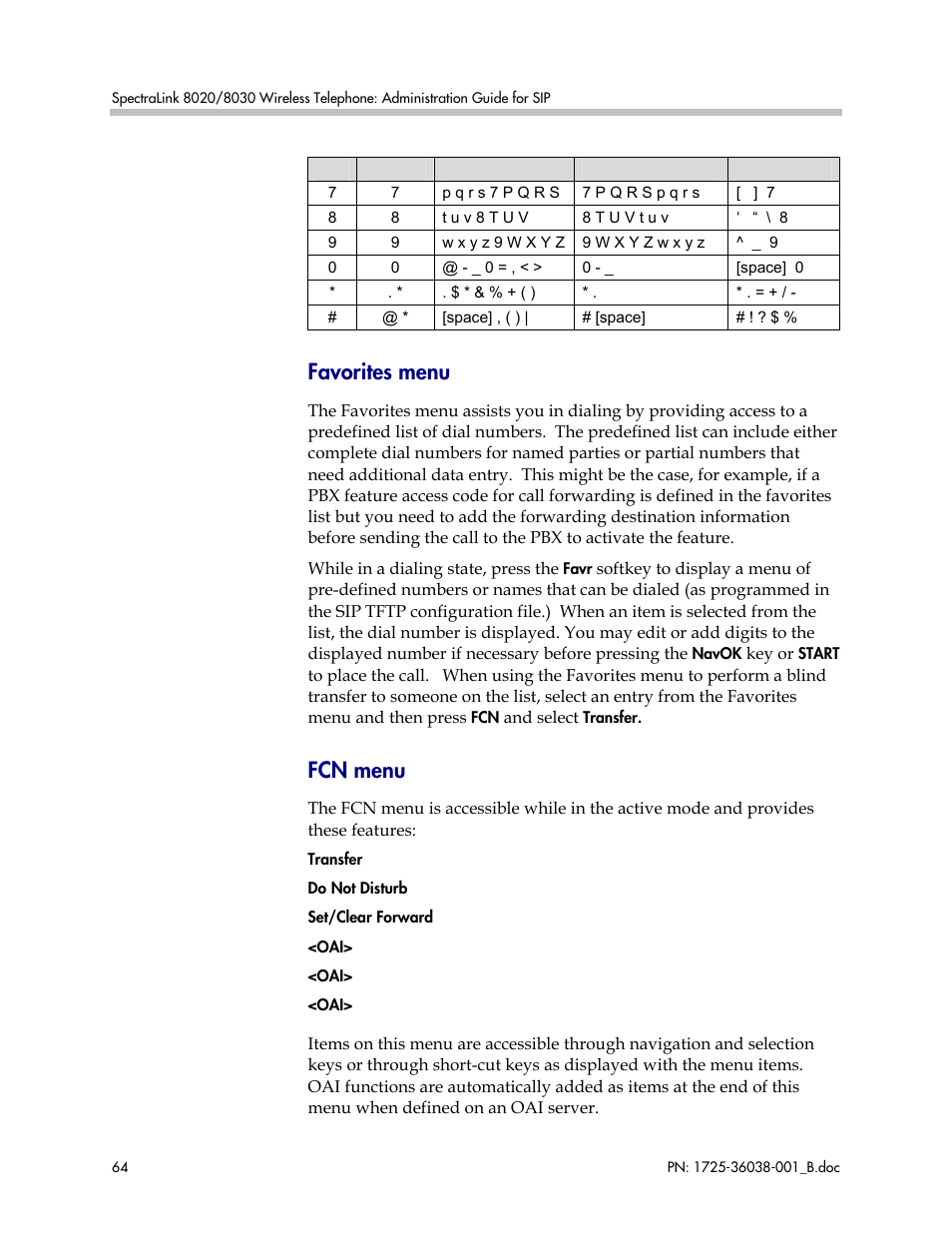 Favorites menu, Fcn menu | Polycom SpectraLink 1725-36038-001 User Manual | Page 64 / 101