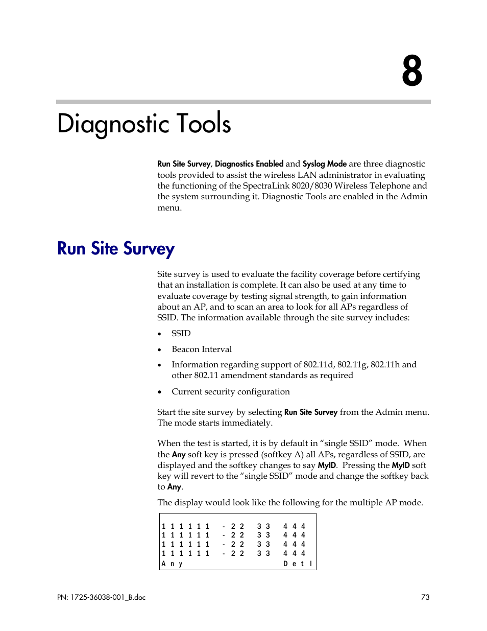 Diagnostic tools, Run site survey | Polycom SpectraLink 1725-36038-001 User Manual | Page 73 / 101