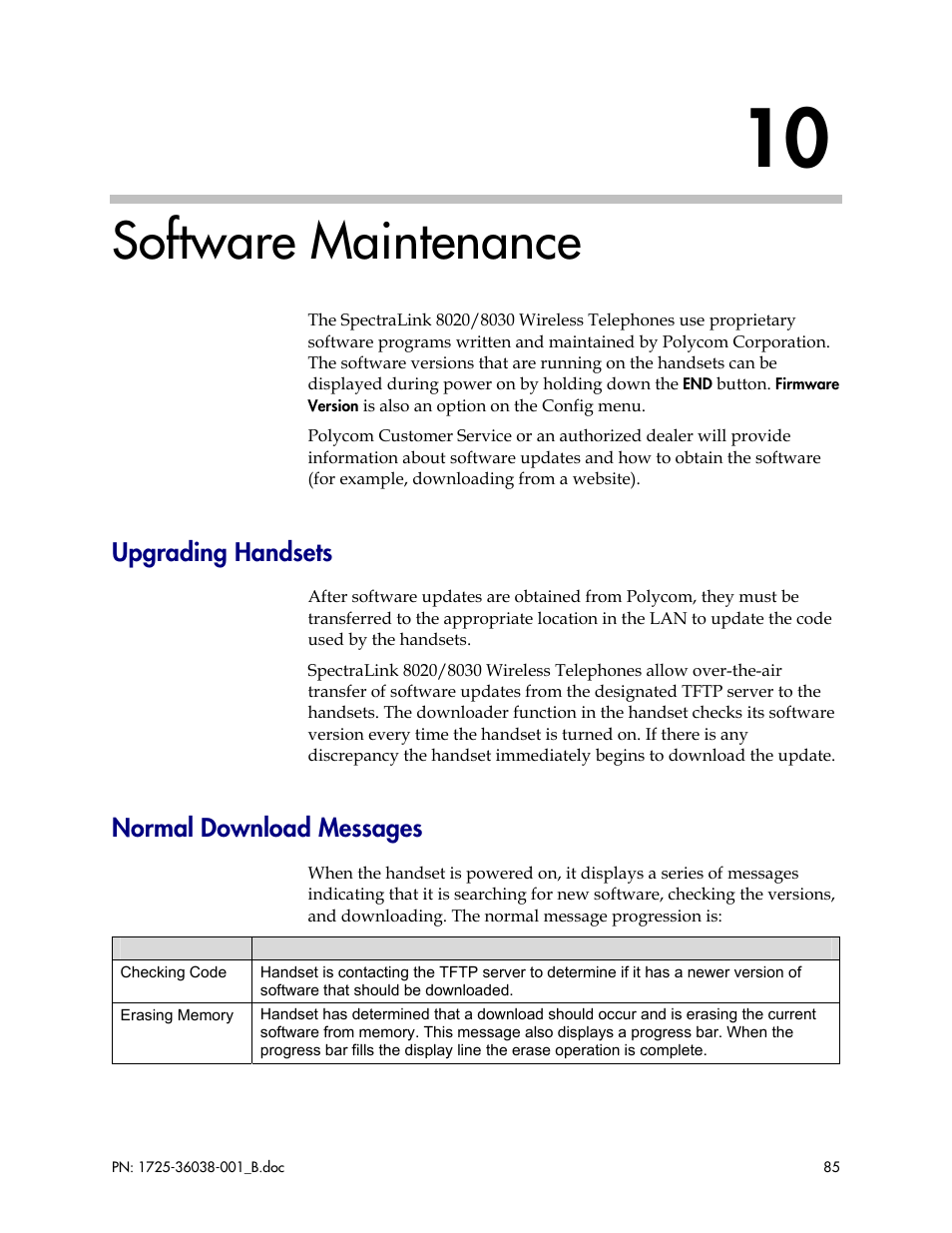 Software maintenance, Upgrading handsets, Normal download messages | Upgrading handsets normal download messages | Polycom SpectraLink 1725-36038-001 User Manual | Page 85 / 101