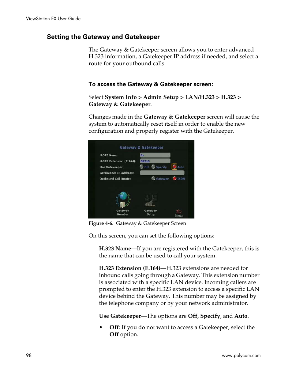 Setting the gateway and gatekeeper, Figure 4-6.gateway & gatekeeper screen, Setting the gateway and | Gatekeeper | Polycom Webcam User Manual | Page 100 / 356