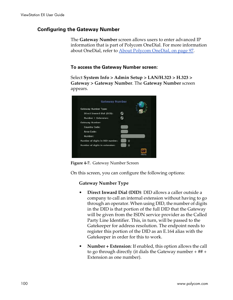 Configuring the gateway number, Figure 4-7.gateway number screen | Polycom Webcam User Manual | Page 102 / 356