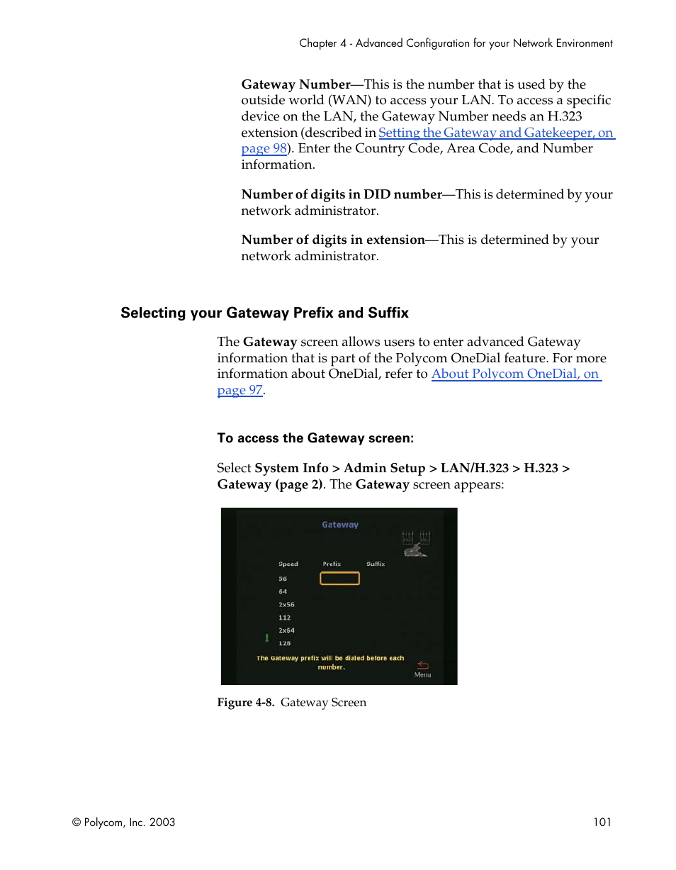 Selecting your gateway prefix and suffix, Figure 4-8.gateway screen | Polycom Webcam User Manual | Page 103 / 356