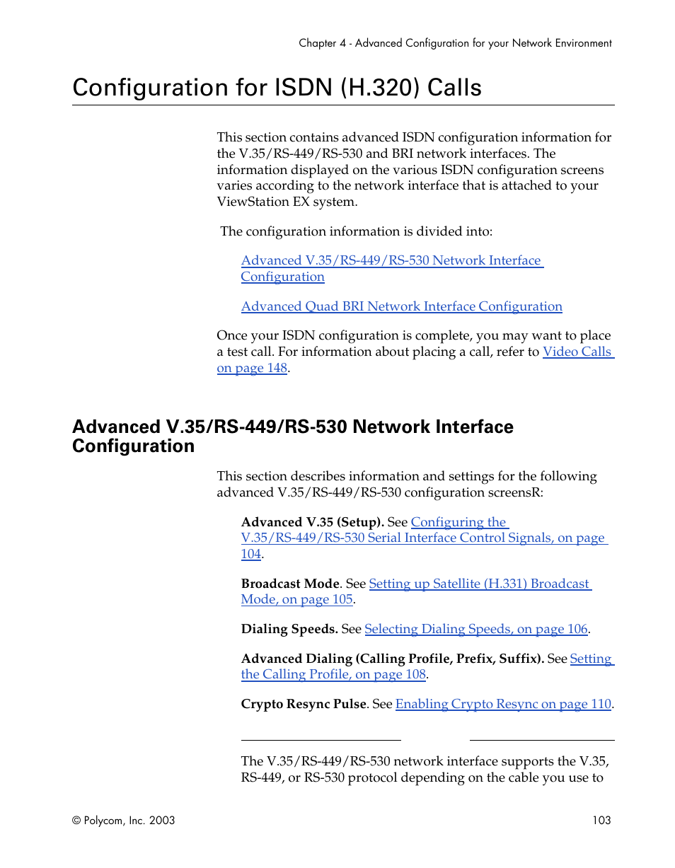 Configuration for isdn (h.320) calls, Advanced v.35/rs-449/rs-530 network | Polycom Webcam User Manual | Page 105 / 356