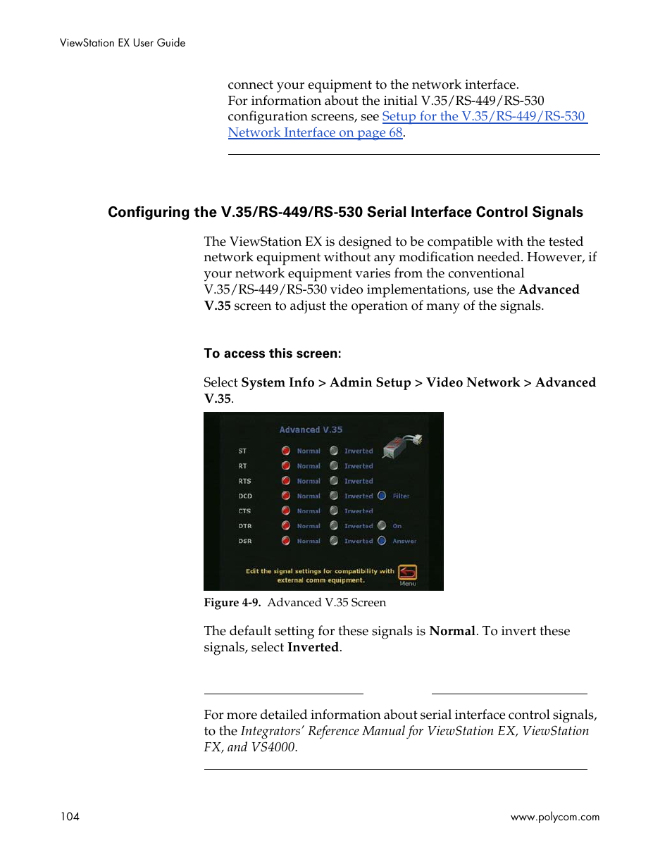 Figure 4-9.advanced v.35 screen, Configuring the | Polycom Webcam User Manual | Page 106 / 356