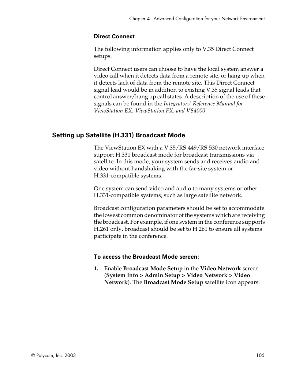 Setting up satellite (h.331) broadcast mode, Setting up satellite (h.331) broadcast | Polycom Webcam User Manual | Page 107 / 356
