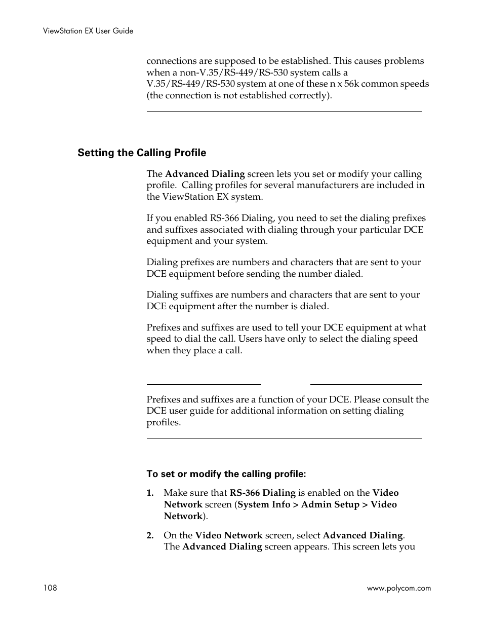 Setting the calling profile, Setting | Polycom Webcam User Manual | Page 110 / 356