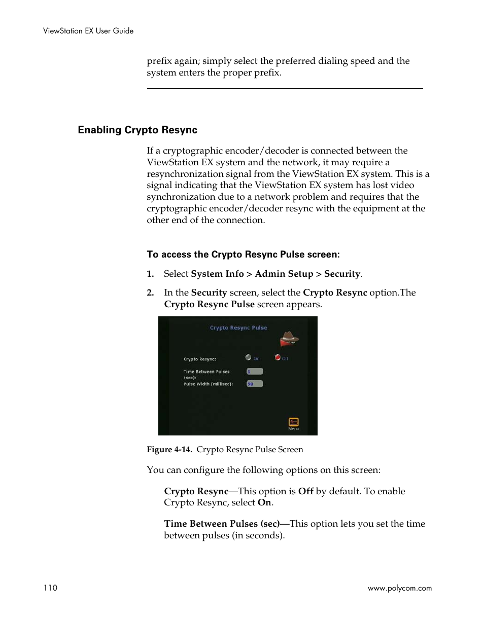 Enabling crypto resync, Figure 4-14.crypto resync pulse screen | Polycom Webcam User Manual | Page 112 / 356