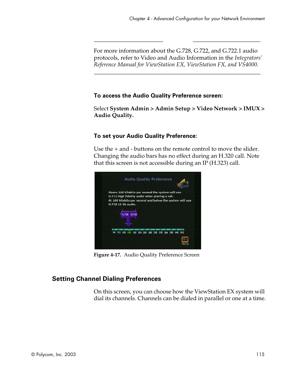 Setting channel dialing preferences, Figure 4-17.audio quality preference screen, Setting channel dialing preferences, on | Polycom Webcam User Manual | Page 117 / 356