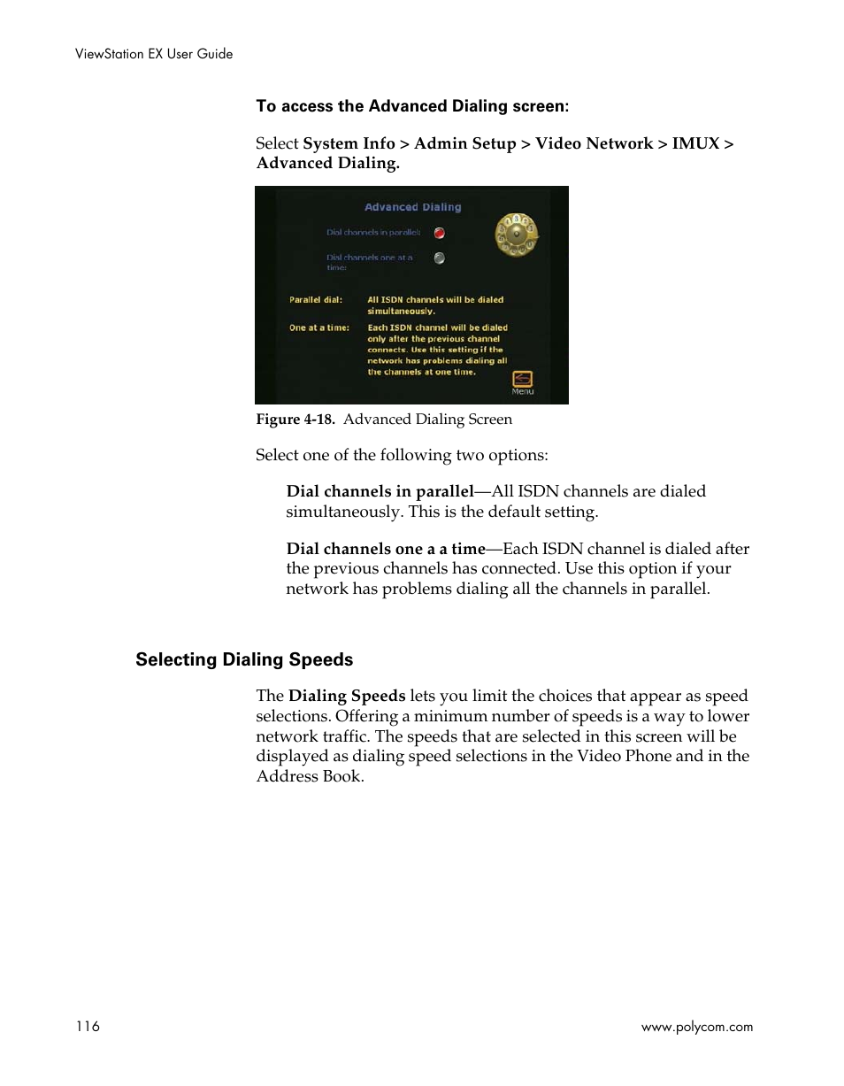 Selecting dialing speeds, Figure 4-18.advanced dialing screen | Polycom Webcam User Manual | Page 118 / 356