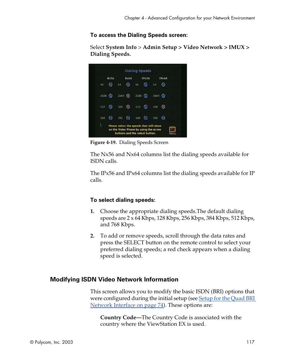 Modifying isdn video network information, Figure 4-19.dialing speeds screen, Modifying isdn video network | Polycom Webcam User Manual | Page 119 / 356