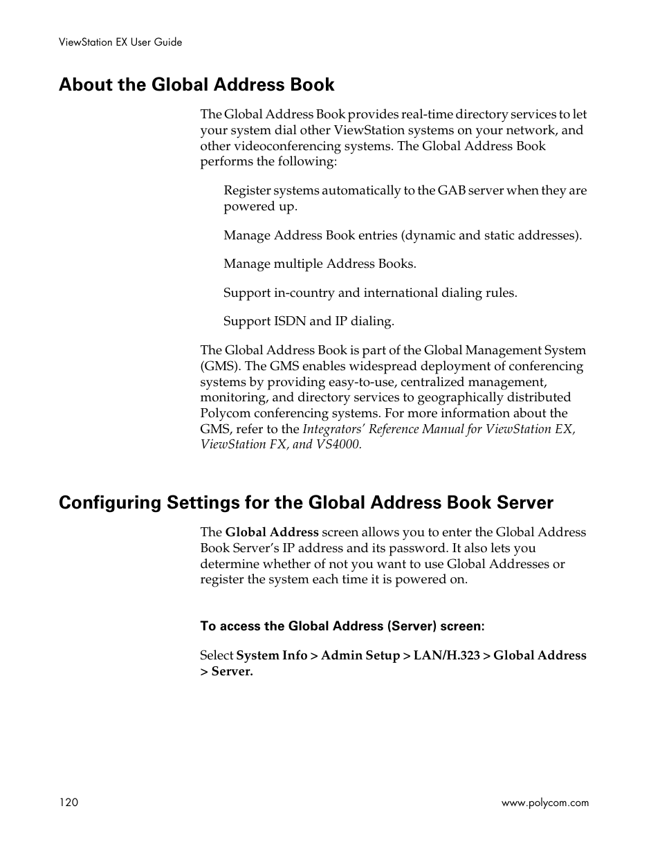 About the global address book, Configuring settings for the | Polycom Webcam User Manual | Page 122 / 356