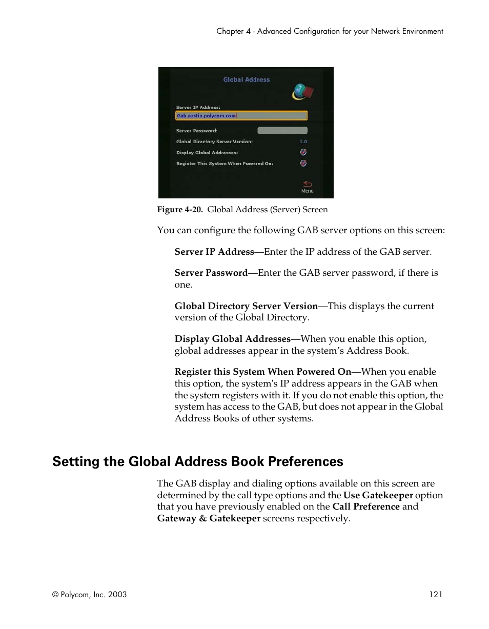 Setting the global address book preferences, Figure 4-20.global address (server) screen, Setting the global address book | Polycom Webcam User Manual | Page 123 / 356