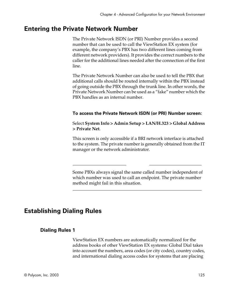 Entering the private network number, Establishing dialing rules, Dialing rules 1 | Entering the private network | Polycom Webcam User Manual | Page 127 / 356