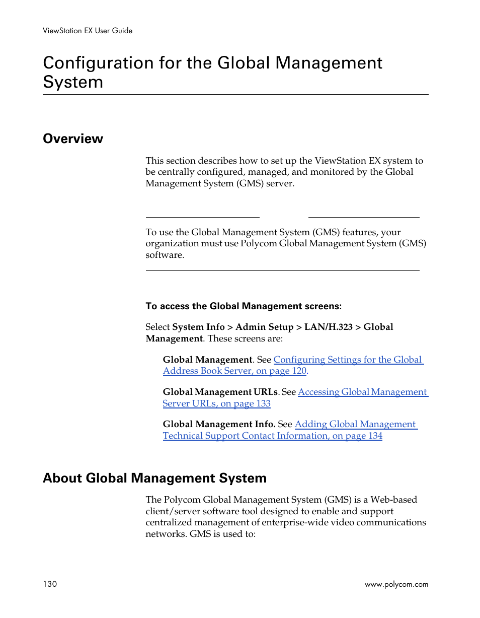 Configuration for the global management system, Overview, About global management system | Overview about global management system | Polycom Webcam User Manual | Page 132 / 356