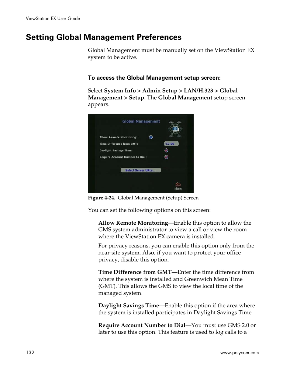 Setting global management preferences, Figure 4-24.global management (setup) screen | Polycom Webcam User Manual | Page 134 / 356