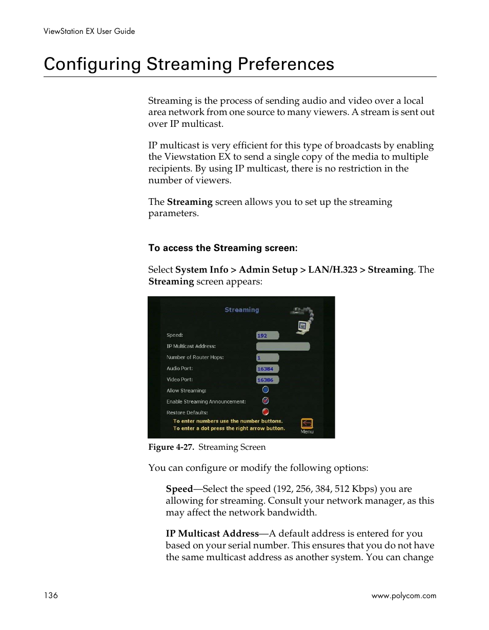 Configuring streaming preferences, Figure 4-27.streaming screen | Polycom Webcam User Manual | Page 138 / 356