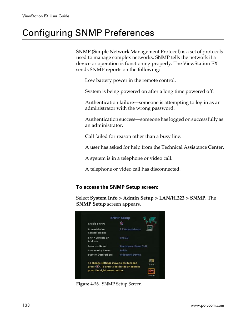 Configuring snmp preferences, Figure 4-28.snmp setup screen | Polycom Webcam User Manual | Page 140 / 356