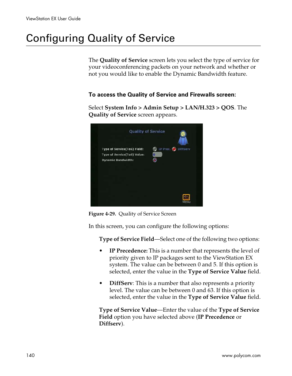 Configuring quality of service, Figure 4-29.quality of service screen | Polycom Webcam User Manual | Page 142 / 356
