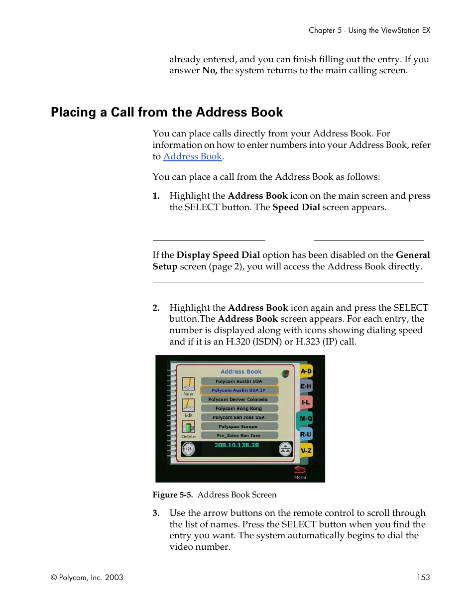 Placing a call from the address book, Figure 5-5.address book screen, Placing a call from the address | Book | Polycom Webcam User Manual | Page 155 / 356