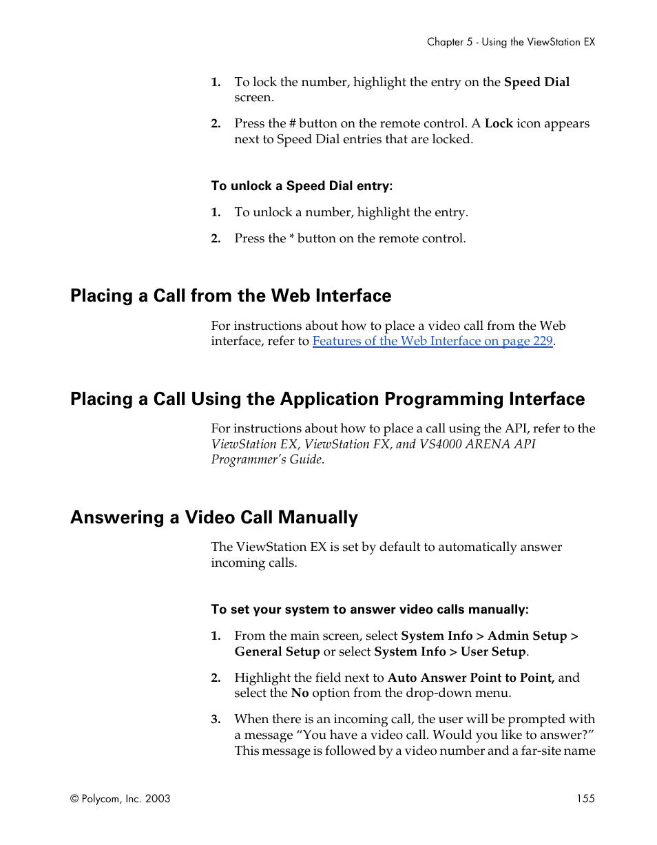 Placing a call from the web interface, Answering a video call manually, Placing a call from the | Web interface, Placing a call using the application programming, Interface | Polycom Webcam User Manual | Page 157 / 356