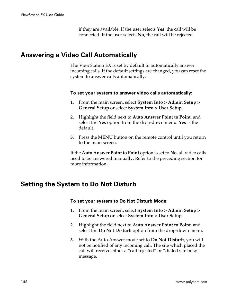 Answering a video call automatically, Setting the system to do not disturb | Polycom Webcam User Manual | Page 158 / 356