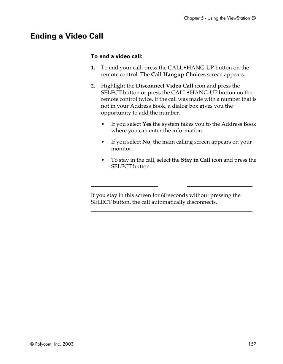 Ending a video call | Polycom Webcam User Manual | Page 159 / 356