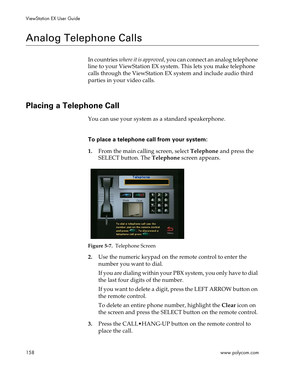 Analog telephone calls, Placing a telephone call, Figure 5-7.telephone screen | Polycom Webcam User Manual | Page 160 / 356