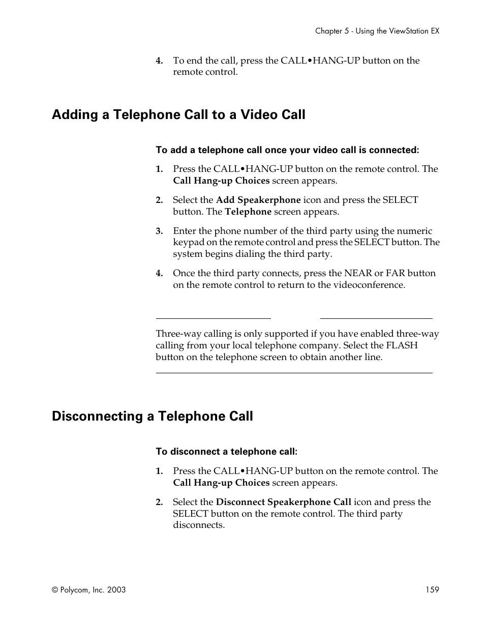 Adding a telephone call to a video call, Disconnecting a telephone call | Polycom Webcam User Manual | Page 161 / 356