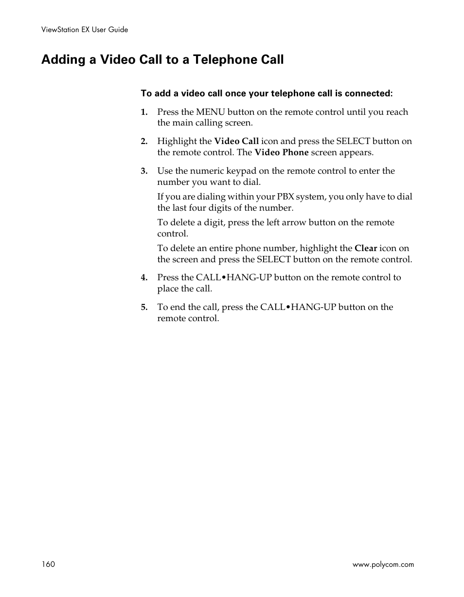 Adding a video call to a telephone call | Polycom Webcam User Manual | Page 162 / 356