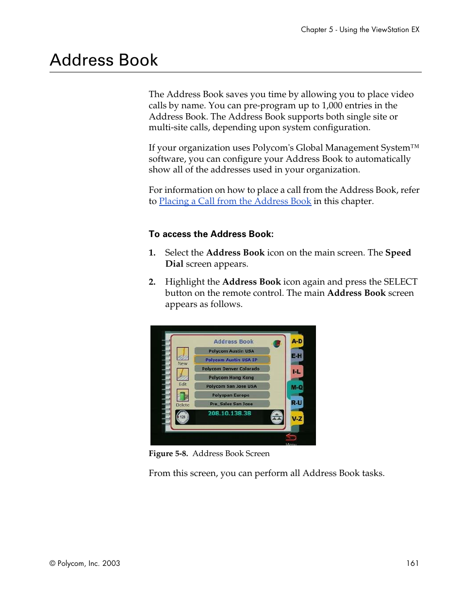 Address book, Figure 5-8.address book screen | Polycom Webcam User Manual | Page 163 / 356