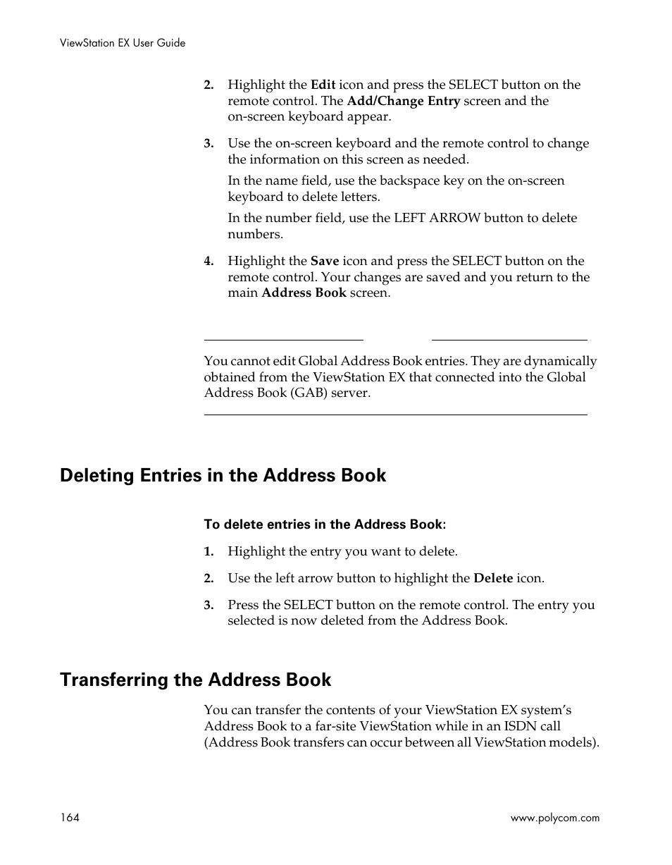 Deleting entries in the address book, Transferring the address book | Polycom Webcam User Manual | Page 166 / 356