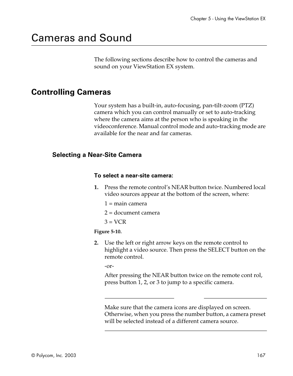 Cameras and sound, Controlling cameras, Selecting a near-site camera | Figure 5-10 | Polycom Webcam User Manual | Page 169 / 356